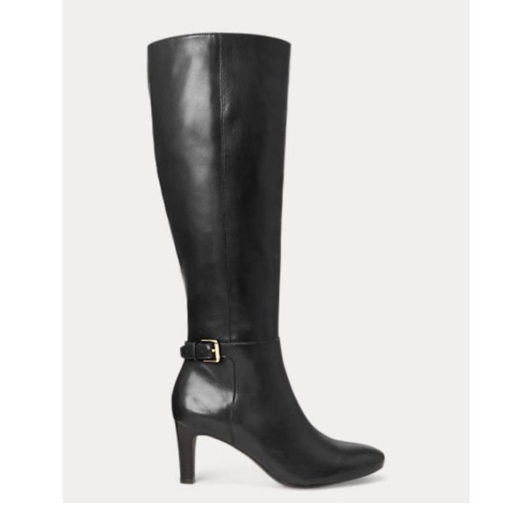 Lauren Ralph Lauren Eastwell Black Leather Knee-High Heel Boots, Women’s 6.5